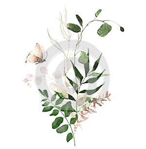 Watercolor floral greenery arrangement. Green, pink and golden dust, wild branch, leaves, twigs and butterfly