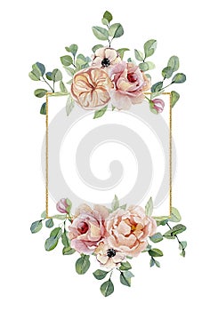 Watercolor floral greeting card with flowers roses, anemones, peonies isolated on white background. Botanical vintage illustration