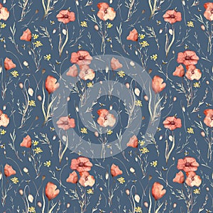 Watercolor floral hand drawn seamless pattern with delicate illustration of blossom scarlet poppies, yellow wildflowers