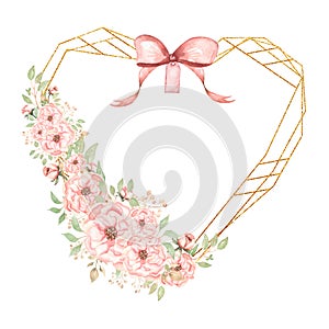 Watercolor Floral Heart Frame Clipart, Valentines Day Pink Flowers Wreath Clip art, Love florals arrangements, Coral pink peony