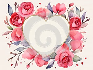 Watercolor floral heart frame with pink roses, leaves and branches