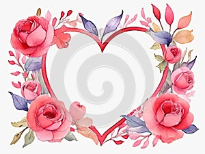 Watercolor floral heart frame with pink roses, leaves and branches and empty copy space place