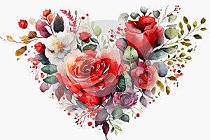 Watercolor floral heart with roses. Generative ai