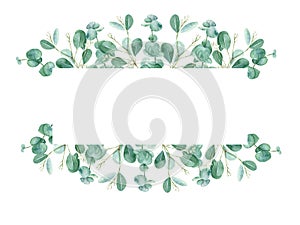 Watercolor floral horisontal frame. Eucalyptus branches isolated on white background. Can be used for wedding, greeting