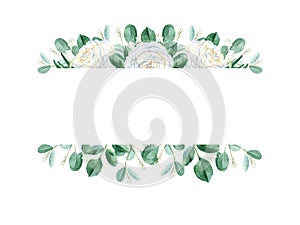 Watercolor floral horisontal frame. White creamy roses, eucalyptus branches isolated on white background. Can be used