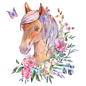Watercolor floral horse illustration isolated on white background. Animal kids natural collection