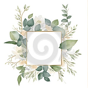 Watercolor floral illustration with branches leaf frame on white background