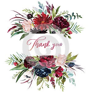 Watercolor floral illustration - burgundy flowers border / frame