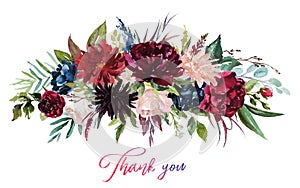 Watercolor floral illustration - flowers burgundy bouquet