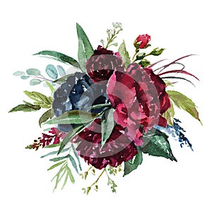 Watercolor floral illustration - flowers burgundy bouquet photo