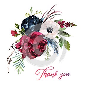 Watercolor floral illustration - flowers burgundy bouquet photo