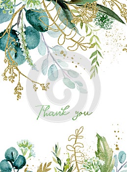 Watercolor floral illustration with gold branches - leaf frame / border, for wedding stationary, greetings, wallpapers, fashion,