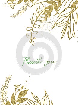 Watercolor floral illustration with gold branches - leaf frame / border, for wedding stationary, greetings, wallpapers, fashion,