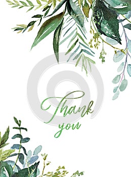 Watercolor floral illustration - green leaves frame / border, for wedding stationary, greetings, wallpapers, fashion, background photo