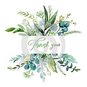 Watercolor floral illustration - leaf frame / border, for wedding stationary, greetings, wallpapers, fashion, background. photo