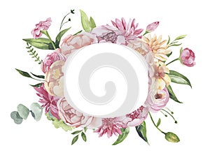 Watercolor floral illustration - leaves and branches frame with flowers and leaves for wedding stationary, greetings