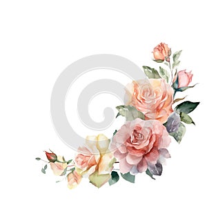 Watercolor floral illustration with pink flowers and leaves greenery bouquet. Dusty roses, green leaves - border, wreath, frame