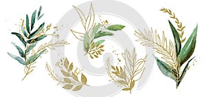 Watercolor floral illustration set - green & gold leaf branches, for wedding stationary, greetings, wallpapers, fashion,