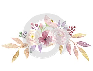 Watercolor Floral Leaves Berries Mellow Bouquet Arch Pink Flowers