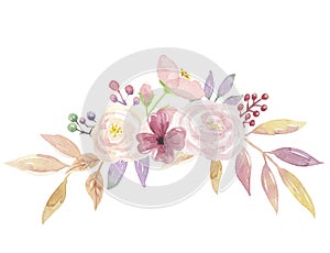 Watercolor Floral Leaves Berries Mellow Bouquet Arch Pink Flowers photo