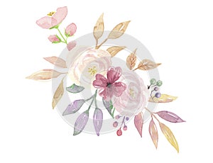 Watercolor Floral Leaves Berries Mellow Bouquet Pink Flowers