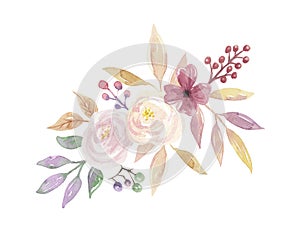 Watercolor Floral Leaves Berries Mellow Bouquet Pink Flowers