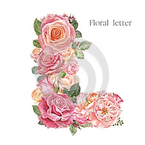 Watercolor floral letter L, isolated on white background. Pink roses and green leaves initial. Boho style