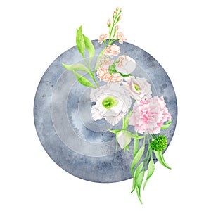 Watercolor floral moon illustration. Mystical blue waxing gibbous with flower bouquet isolated on white background. Celestial