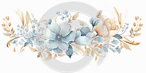 Watercolor floral painting in blue and beige colors isolated on a white background