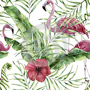Watercolor floral pattern with exotic flowers, leaves and flamingo. Hand painted ornament with tropical plant: hibiscu
