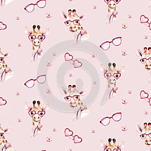 Watercolor floral pattern with giraffe baby nursery natural leaves, feathers, flowers, Isolated on white background. Artistic