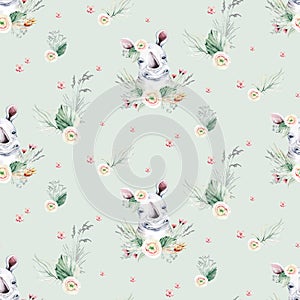 Watercolor floral pattern with hippo baby nursery natural leaves, feathers, flowers, Isolated on white background