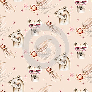 Watercolor floral pattern with hyena baby nursery natural leaves, feathers, flowers, Isolated on white background. Artistic