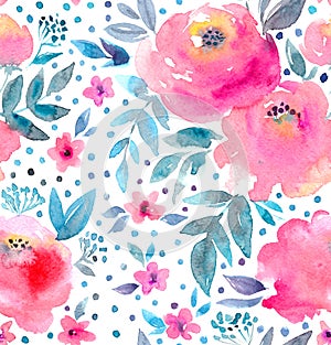 Watercolor floral pattern and seamless background. Hand painted. Gentle design.