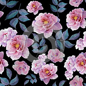 Watercolor floral pattern and seamless background of peony and leaf. Hand painted. Gentle design for fabric, wrap paper
