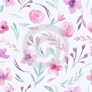 Watercolor floral pattern. Seamless pattern with purple, gold and pink bouquet on white background. Flowers, roses