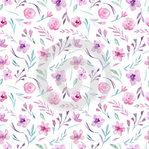 Watercolor floral pattern. Seamless pattern with purple, gold and pink bouquet on white background. Flowers, roses