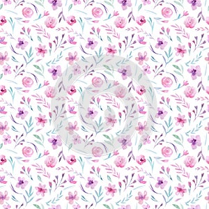Watercolor floral pattern. Seamless pattern with purple, gold and pink bouquet on white background. Flowers, roses