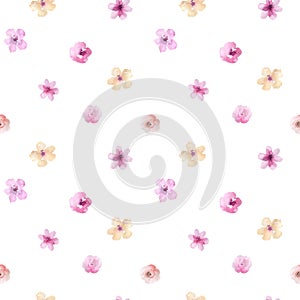 Watercolor floral pattern. Seamless pattern with purple, gold and pink bouquet on white background. Flowers, roses