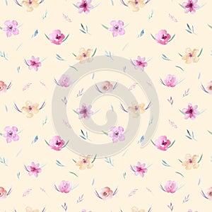 Watercolor floral pattern. Seamless pattern with purple, gold and pink bouquet on white background. Flowers, roses