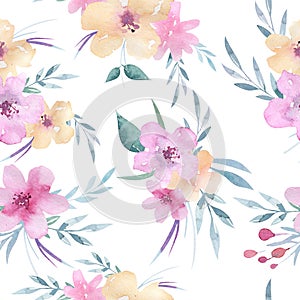 Watercolor floral pattern. Seamless pattern with purple, gold and pink bouquet on white background. Flowers, roses