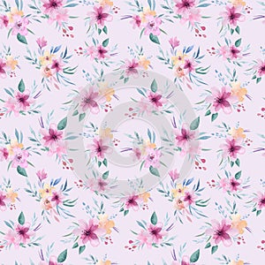 Watercolor floral pattern. Seamless pattern with purple, gold and pink bouquet on white background. Flowers, roses