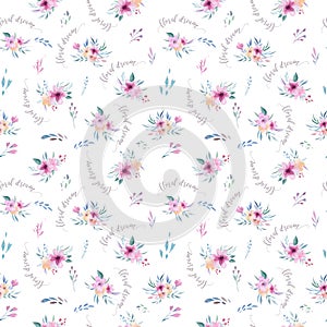 Watercolor floral pattern. Seamless pattern with purple, gold and pink bouquet on white background. Flowers, roses