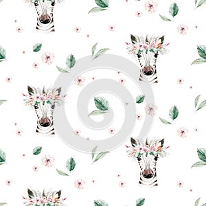 Watercolor floral pattern with zebra baby nursery natural leaves, feathers, flowers, Isolated on white background. Artistic