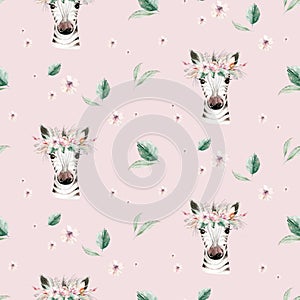 Watercolor floral pattern with zebra baby nursery natural leaves, feathers, flowers, Isolated on white background. Artistic