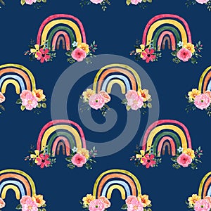 Watercolor floral rainbow seamless pattern. Cute colorful flowers, rainbows on navy blue background. Pretty nursery digital paper