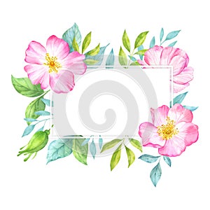 Watercolor floral rectangular frame with pink wild rose flowers, bud, green leaves and branches