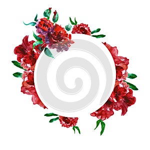 Watercolor floral round border with hand painted red roses flowers with space for text. Spring blossom illustration