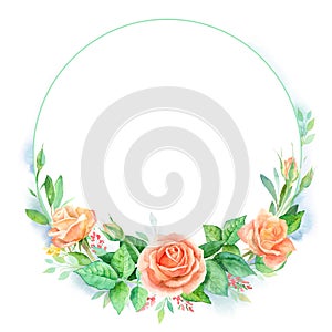 Watercolor floral round frame with roses, leaves isolated on white background. Floral greeting card or invitation