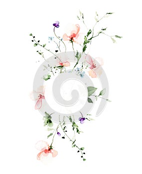 Watercolor floral round frame on white background. Pink, orange, wild flowers, branches, leaves and twigs.